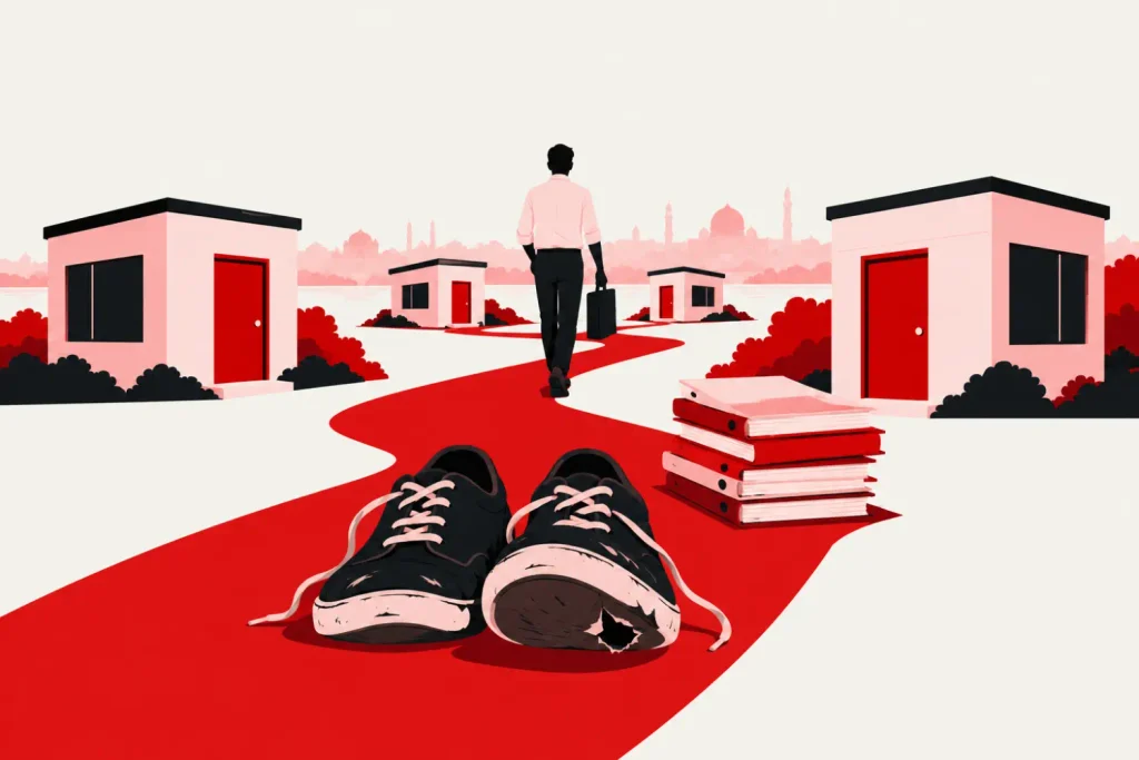 Faceless silhouette walking between small office buildings with a pair of worn shoes in the foreground