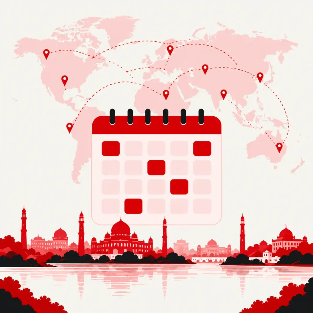 Abstract appointment calendar grid with red pins across a world map and a domed city skyline at the base