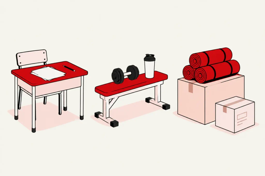 Illustration for the Pallav Bihani Boldfit story: a red yoga mat unrolling toward a row of store shapes, with a faceless silhouette at the start