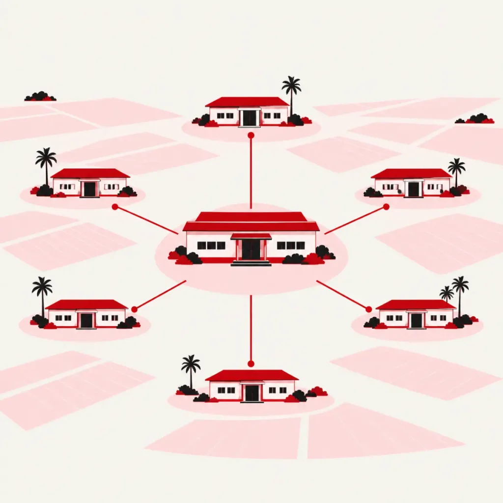 Illustration of an abstract hub-and-spoke network of small low-rise buildings joined by red lines