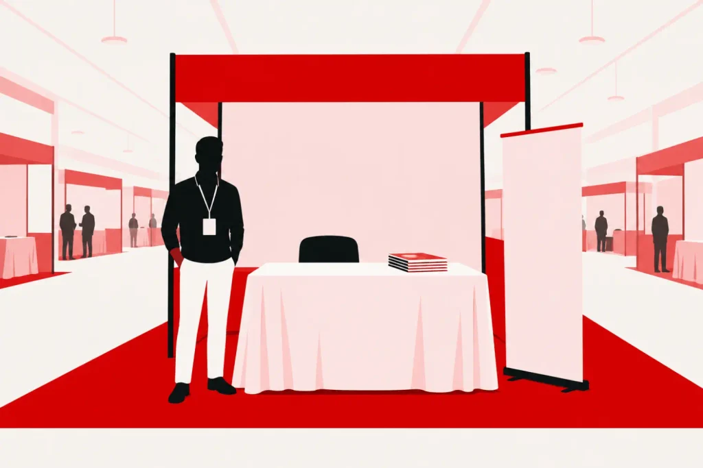 Illustration of a small trade-show booth with a blank banner and a faceless figure standing beside it.