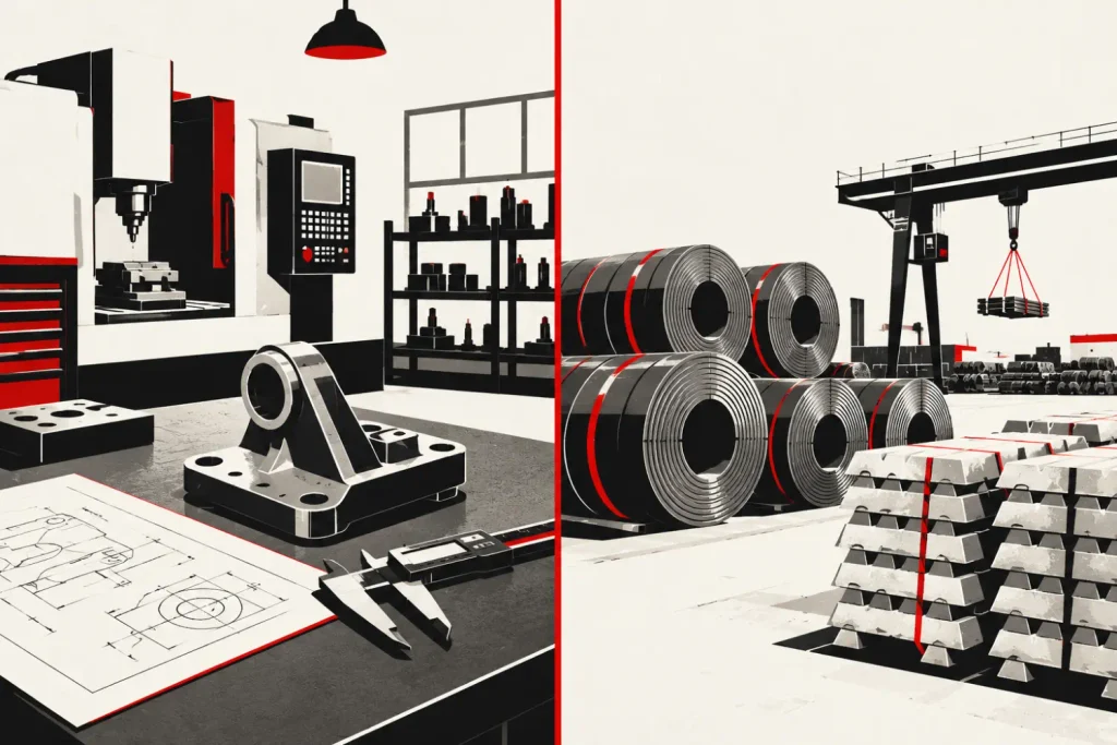 Split illustration of a precision parts workshop beside stacked industrial metal coils