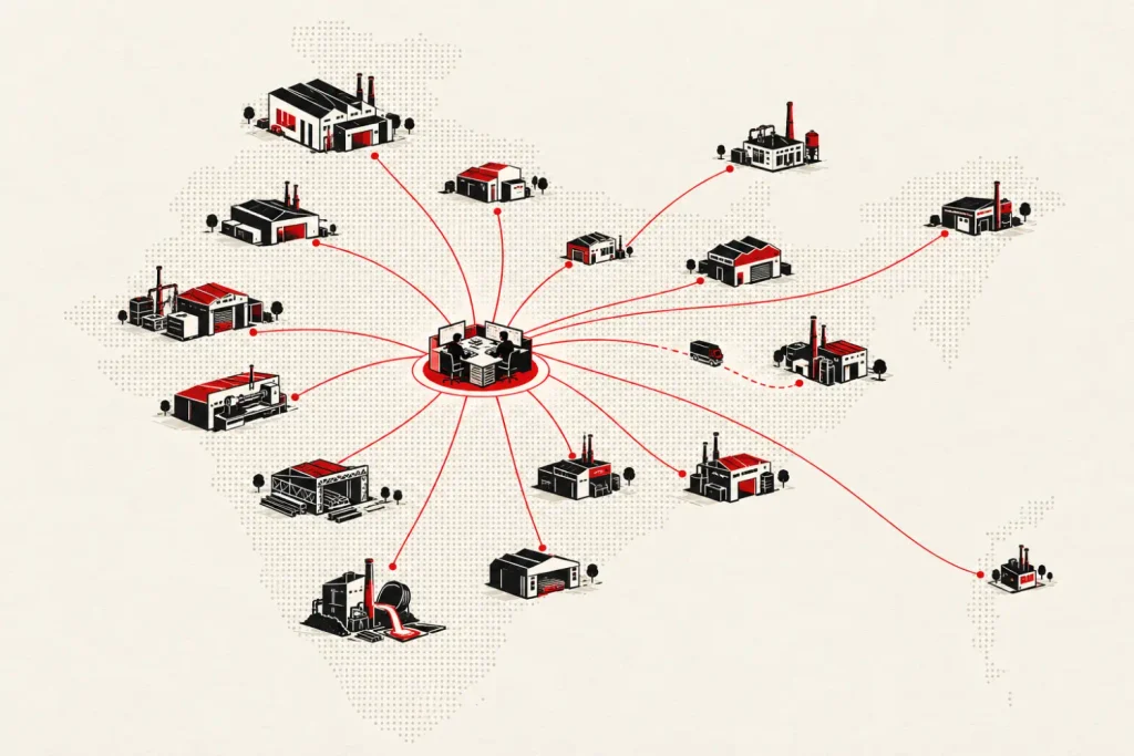 Illustration of a network of small factories connected to one central order desk